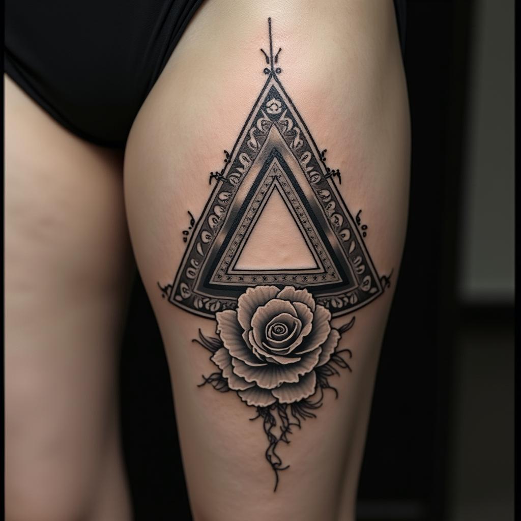 Simple triangle with a line throughin victorian style tattoo, featuring vintage and elegant elements, ornate frames, roses, antique, sepia-toned color scheme - Variation 3