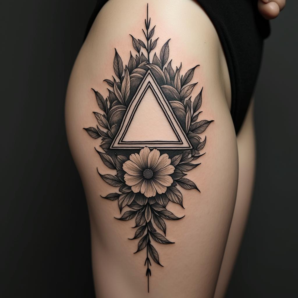 Simple triangle with a line throughin victorian style tattoo, featuring vintage and elegant elements, ornate frames, roses, antique, sepia-toned color scheme - Variation 4