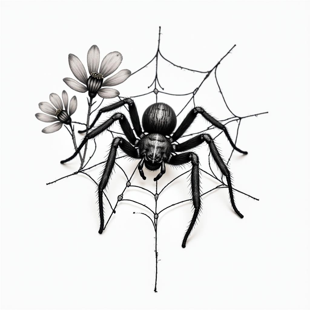 Small spider on web with flowers with stemin portrait tattoo style, featuring a highly realistic and detailed depiction