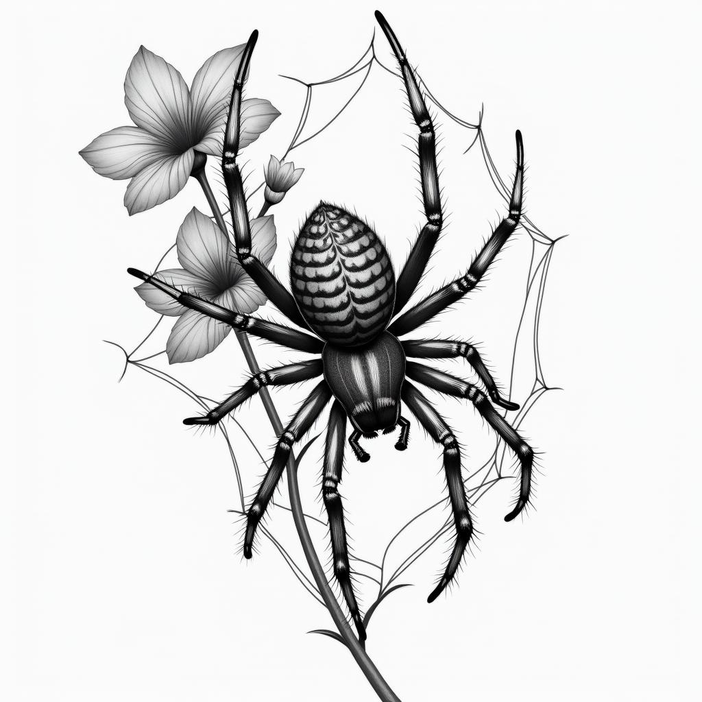 Small spider on web with flowers with stemin realism tattoo style, featuring a highly detailed, lifelike, capturing every detail, photorealistic, ultra realistic, intricate shading, smooth and sharp, - Variation 55