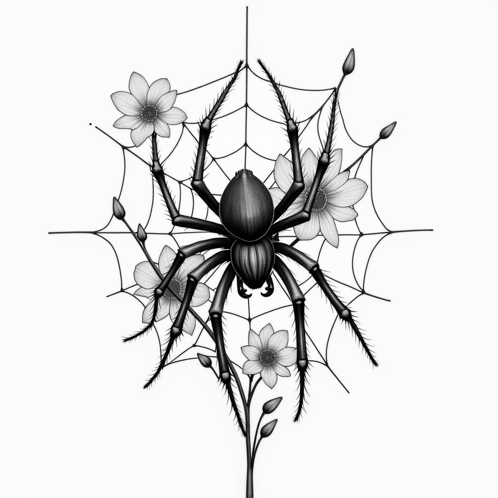 Small spider on web with flowers with stemin realism tattoo style, featuring a highly detailed, lifelike, capturing every detail, photorealistic, ultra realistic, intricate shading, smooth and sharp, - Variation 53