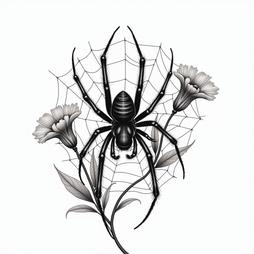 Small spider on web with flowers with stemin realism tattoo style, featuring a highly detailed, lifelike, capturing every detail, photorealistic, ultra realistic, intricate shading, smooth and sharp, - Variation 56