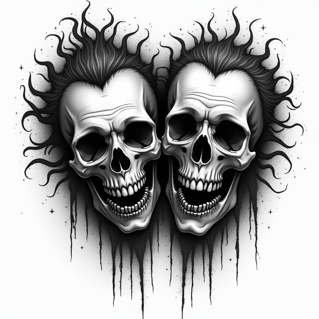 Louisette & Pierrot in horror tattoo style, showcasing haunting and unsettling, dark and gritty textures with skulls, eerie faces, jgged designs, bold and intense shading - Variation 3
