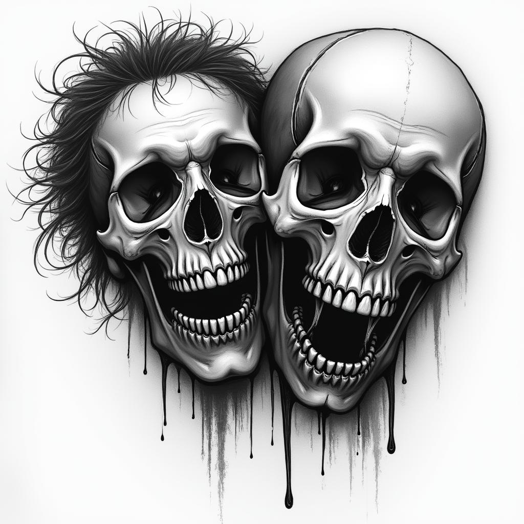 Louisette & Pierrot in horror tattoo style, showcasing haunting and unsettling, dark and gritty textures with skulls, eerie faces, jgged designs, bold and intense shading - Variation 2
