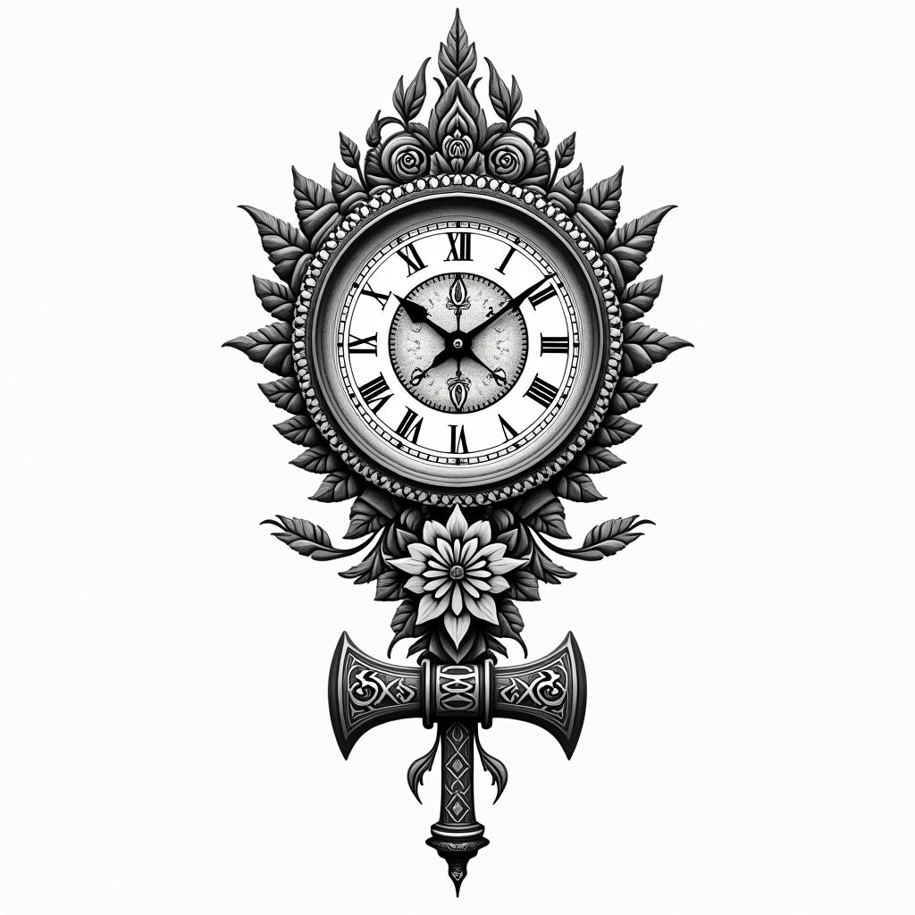 God of time with three watches and an axe.in ornamental tattoo style, featuring intricate symmetrical patterns and floral designs, showcasing highly detailed line work and geometric shapes, creating a sense of elegance and balance
