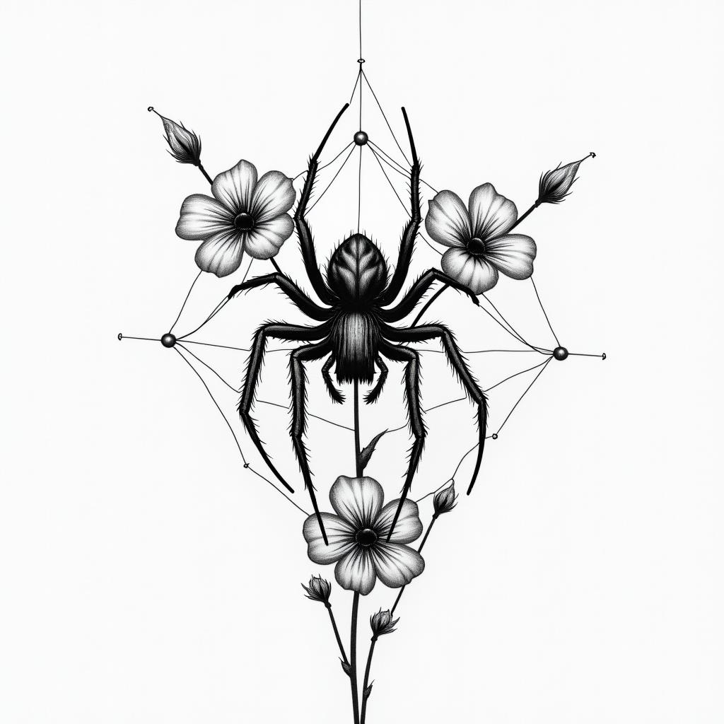 Small spider on web with flowers with stemin realism tattoo style, featuring a highly detailed, lifelike, capturing every detail, photorealistic, ultra realistic, intricate shading, smooth and sharp, - Variation 52