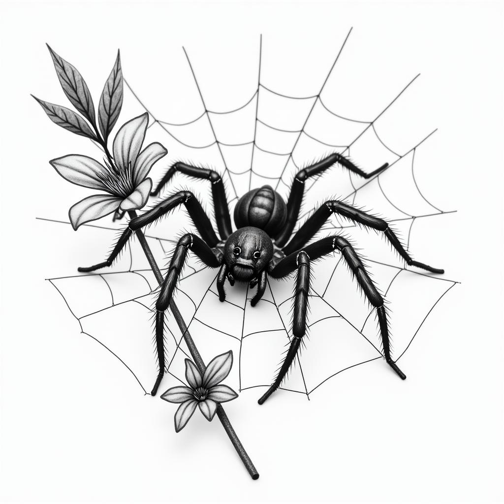Small spider on web with flowers with stemin realism tattoo style, featuring a highly detailed, lifelike, capturing every detail, photorealistic, ultra realistic, intricate shading, smooth and sharp, - Variation 51