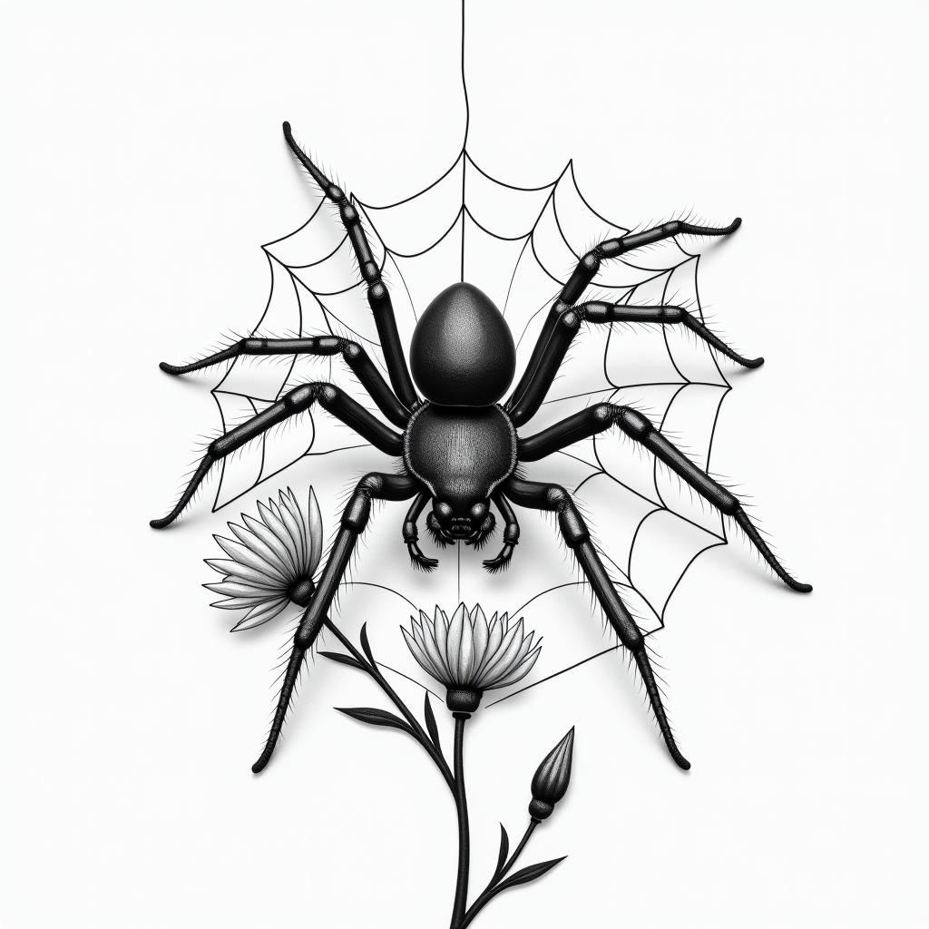 Small spider on web with flowers with stemin realism tattoo style, featuring a highly detailed, lifelike, capturing every detail, photorealistic, ultra realistic, intricate shading, smooth and sharp, - Variation 50
