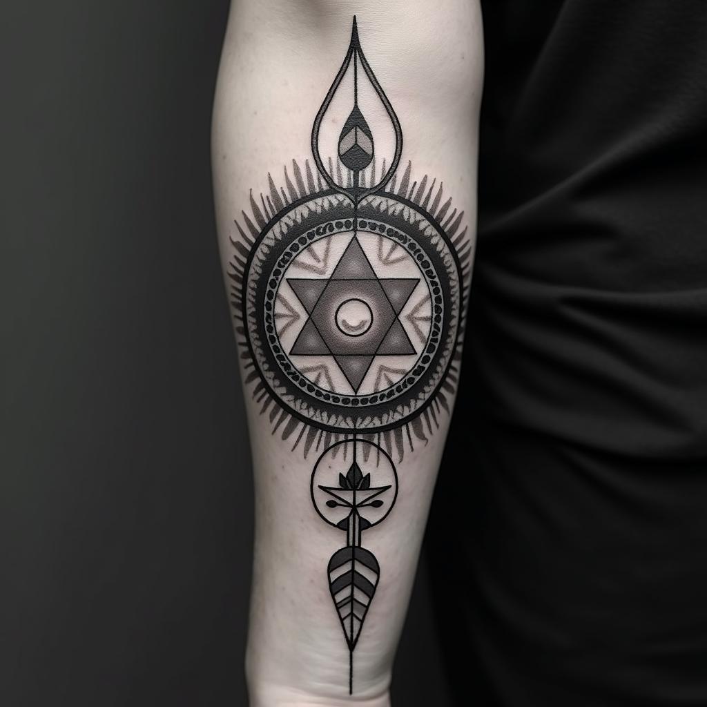 Earth, water, fire, air, herbs, arrowin spiritual symbols tattoo style, featuring an intricate design incorporating elements, Hamsa hand, third eye, minimalist composition - Variation 4