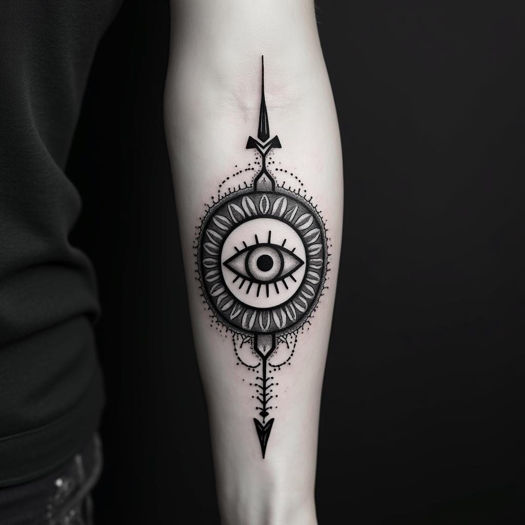 Earth, water, fire, air, herbs, arrowin spiritual symbols tattoo style, featuring an intricate design incorporating elements, Hamsa hand, third eye, minimalist composition - Variation 3