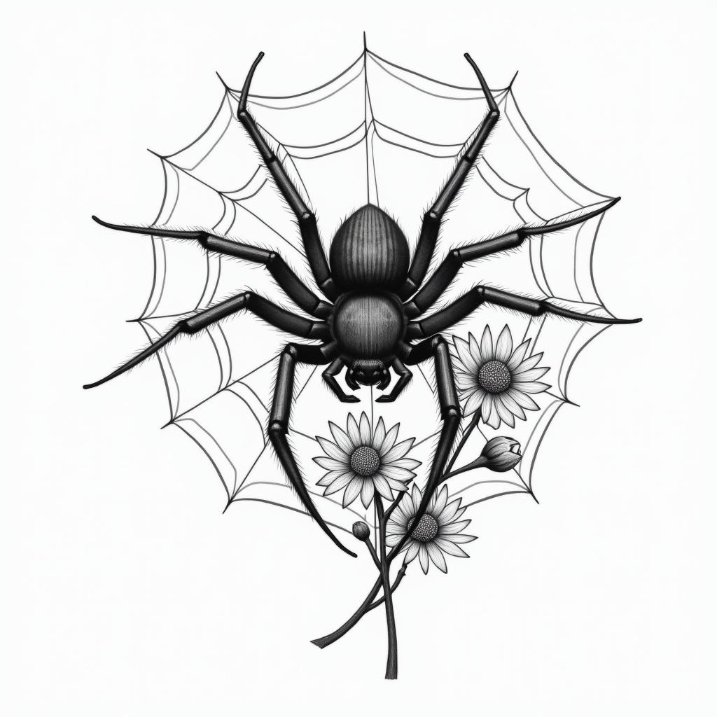 Small spider on web with flowers with stemin realism tattoo style, featuring a highly detailed, lifelike, capturing every detail, photorealistic, ultra realistic, intricate shading, smooth and sharp, - Variation 47