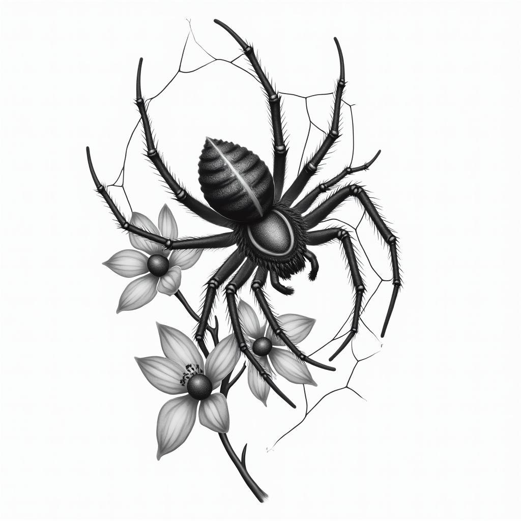 Small spider on web with flowers with stemin realism tattoo style, featuring a highly detailed, lifelike, capturing every detail, photorealistic, ultra realistic, intricate shading, smooth and sharp, - Variation 45
