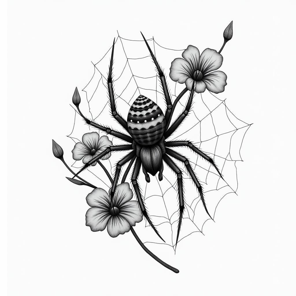 Small spider on web with flowers with stemin realism tattoo style, featuring a highly detailed, lifelike, capturing every detail, photorealistic, ultra realistic, intricate shading, smooth and sharp, - Variation 46