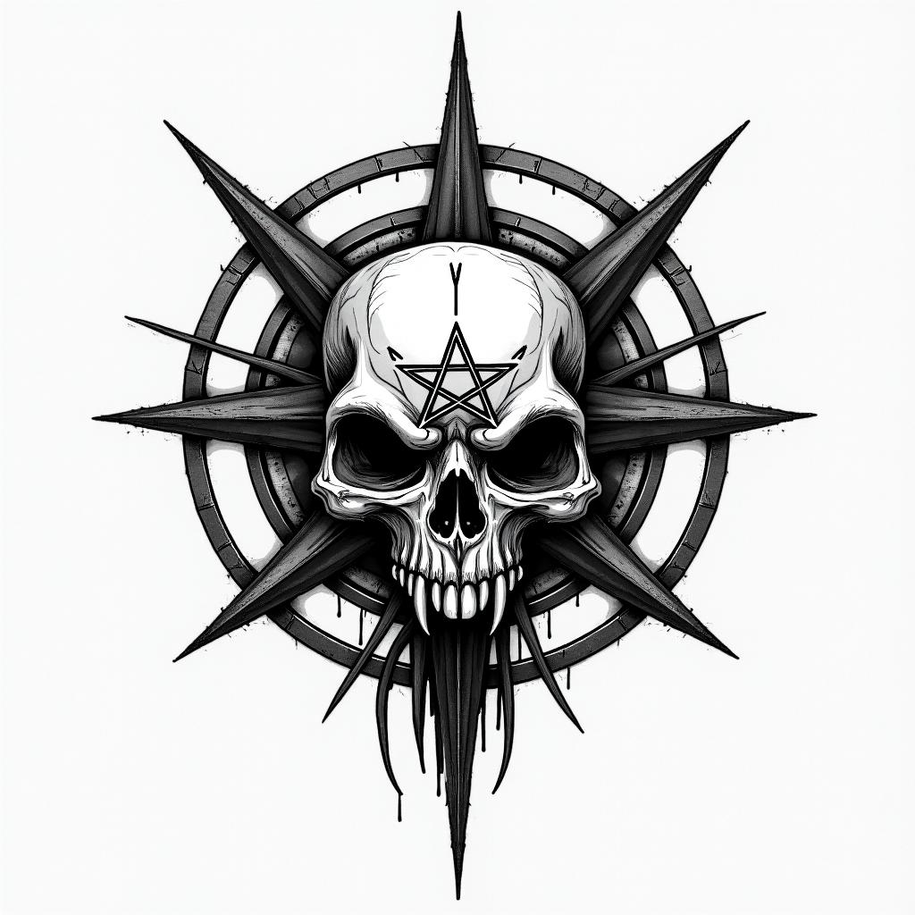 Aviation compasscreepy horror tattoo style, featuring an eerie and unsettling skull of a demonic creature, distorted face with sharp fangs, add pentagram symbol - Variation 2