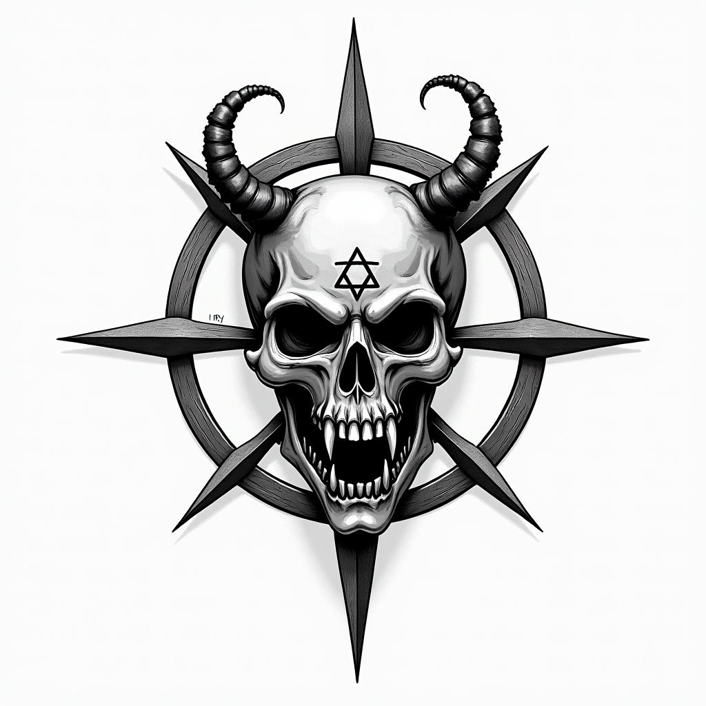 Aviation compasscreepy horror tattoo style, featuring an eerie and unsettling skull of a demonic creature, distorted face with sharp fangs, add pentagram symbol