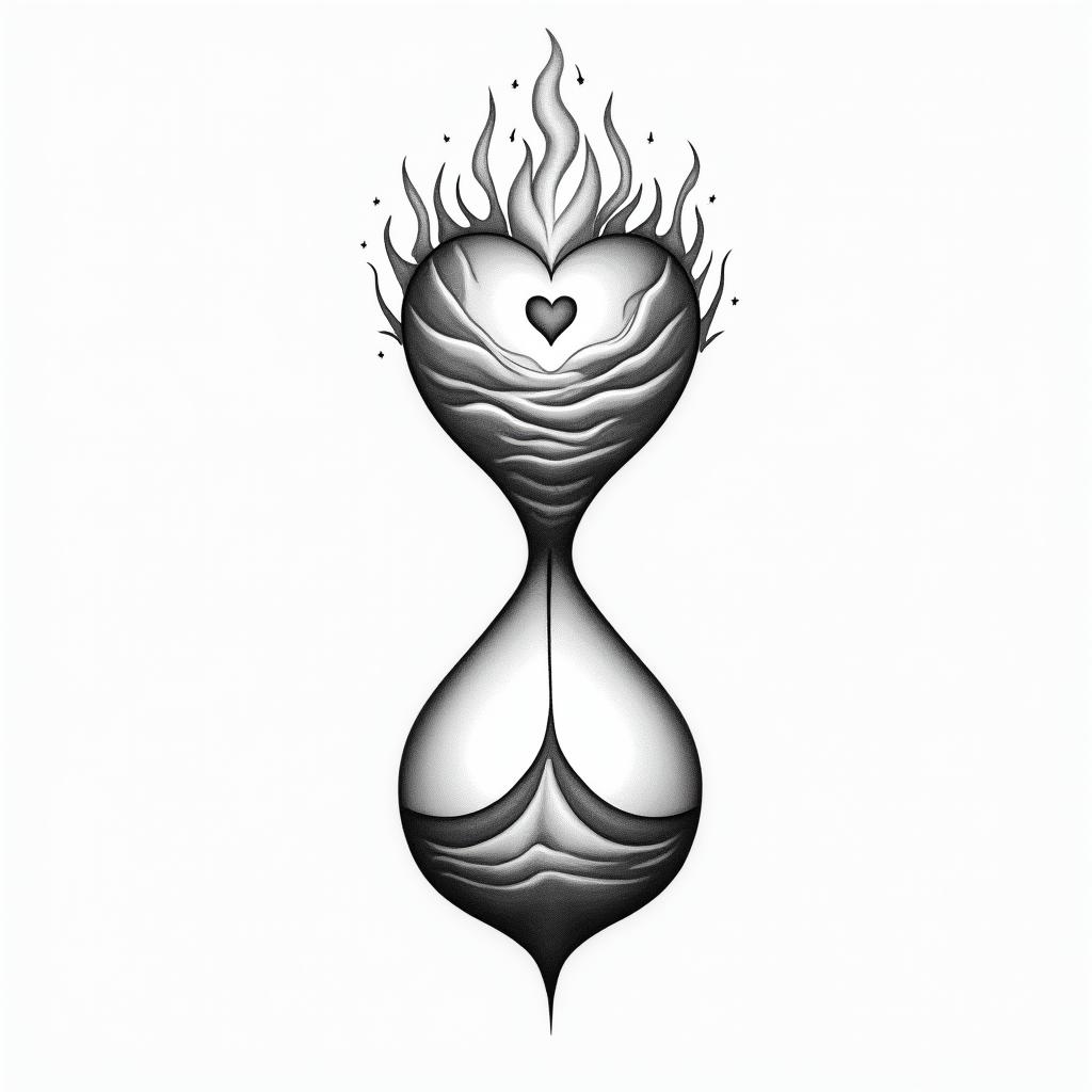 More Fire Hourglassin Modest style tattoo, featuring soft, delicate line work with simple and meaningful symbols, gentle waves, a heart, evoking a sense of serenity and grace, - Variation 3