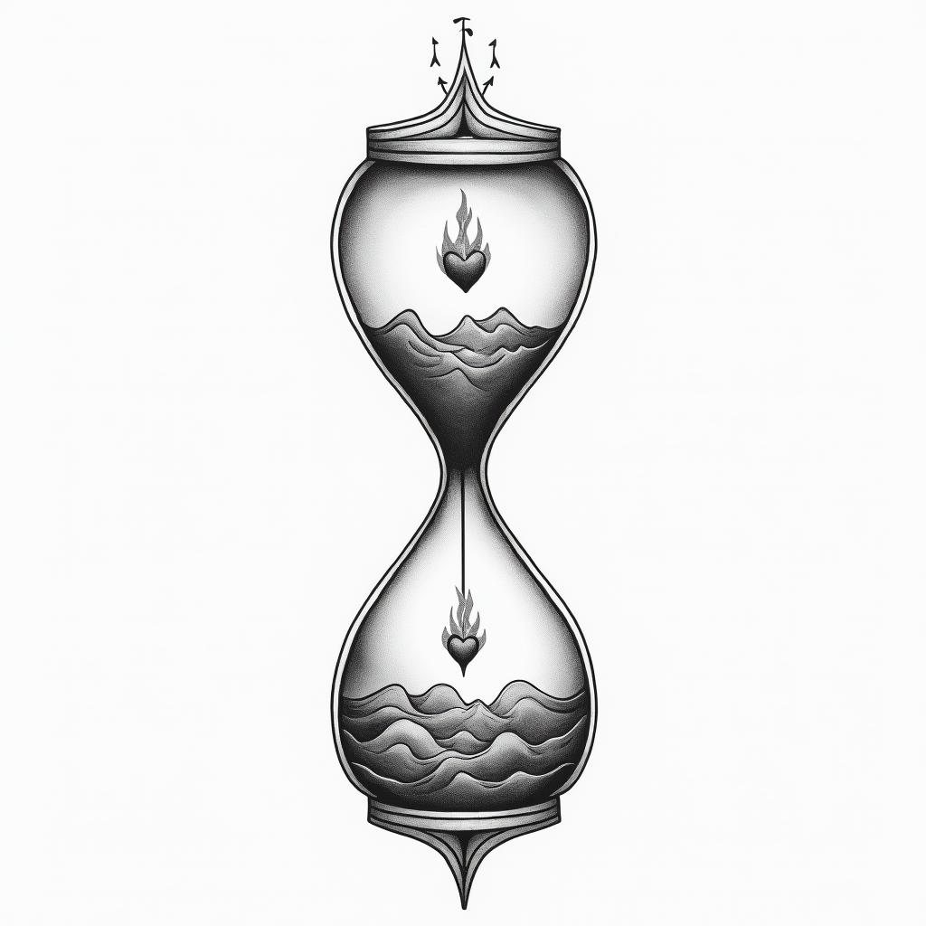 More Fire Hourglassin Modest style tattoo, featuring soft, delicate line work with simple and meaningful symbols, gentle waves, a heart, evoking a sense of serenity and grace, - Variation 4