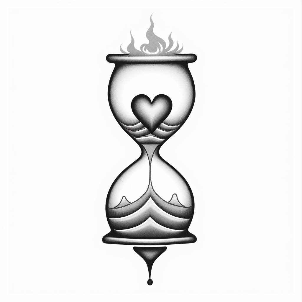 More Fire Hourglassin Modest style tattoo, featuring soft, delicate line work with simple and meaningful symbols, gentle waves, a heart, evoking a sense of serenity and grace,