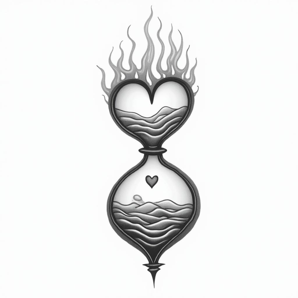 More Fire Hourglassin Modest style tattoo, featuring soft, delicate line work with simple and meaningful symbols, gentle waves, a heart, evoking a sense of serenity and grace, - Variation 2