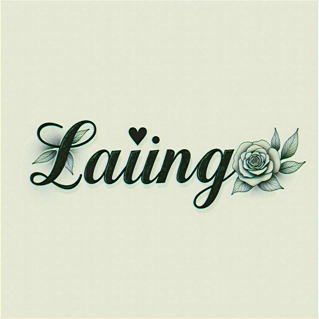 Compassin elegant cursive calligraphy style 2d tattoo, decorate with roses, featuring a smooth and flowing handwritten script with slightly thickened strokes for a luxurious and bold appearance, heart symbol between names, sleek and glossy black text with shadowing, minimalist matte white background, clean and sharp edges, illuminated with soft lighting, romantic, 8k, high-quality textures with refined typography - Variation 3