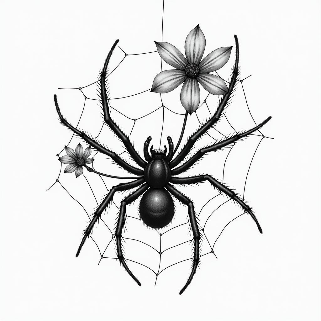 Small spider on web with flowers with stemin realism tattoo style, featuring a highly detailed, lifelike, capturing every detail, photorealistic, ultra realistic, intricate shading, smooth and sharp, - Variation 42