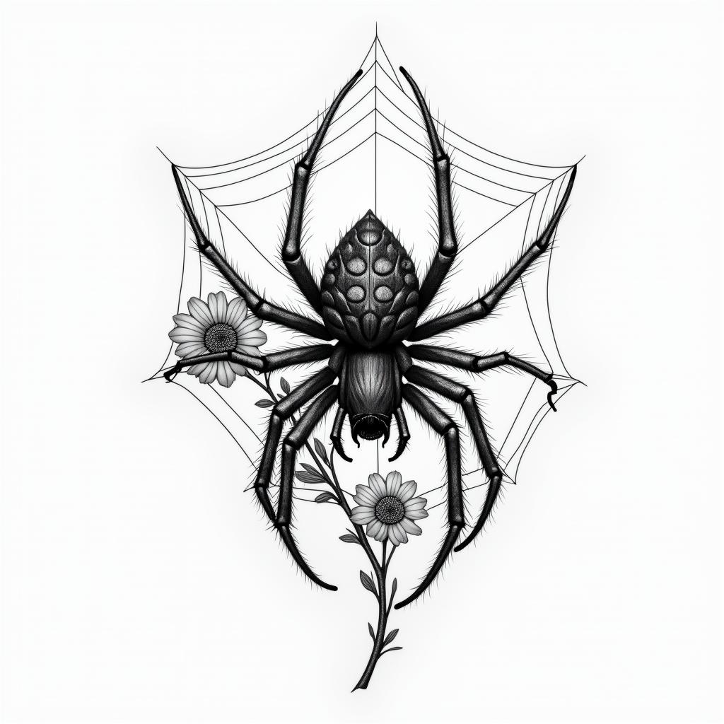 Small spider on web with flowers with stemin realism tattoo style, featuring a highly detailed, lifelike, capturing every detail, photorealistic, ultra realistic, intricate shading, smooth and sharp, - Variation 43