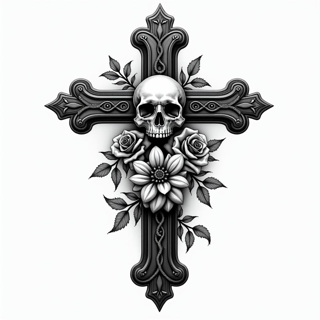 Beauty in a flower or diamondin chicano style tattoo, featuring intricate black and grey shading, bold elements of traditional chicano culture symbols, add a big cross with skull, chains and roses