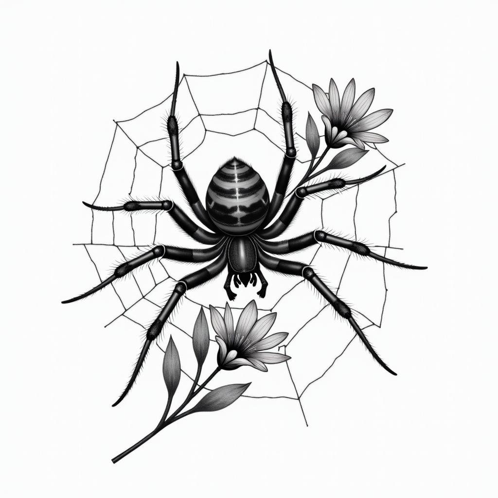 Small spider on web with flowers with stemin realism tattoo style, featuring a highly detailed, lifelike, capturing every detail, photorealistic, ultra realistic, intricate shading, smooth and sharp, - Variation 39