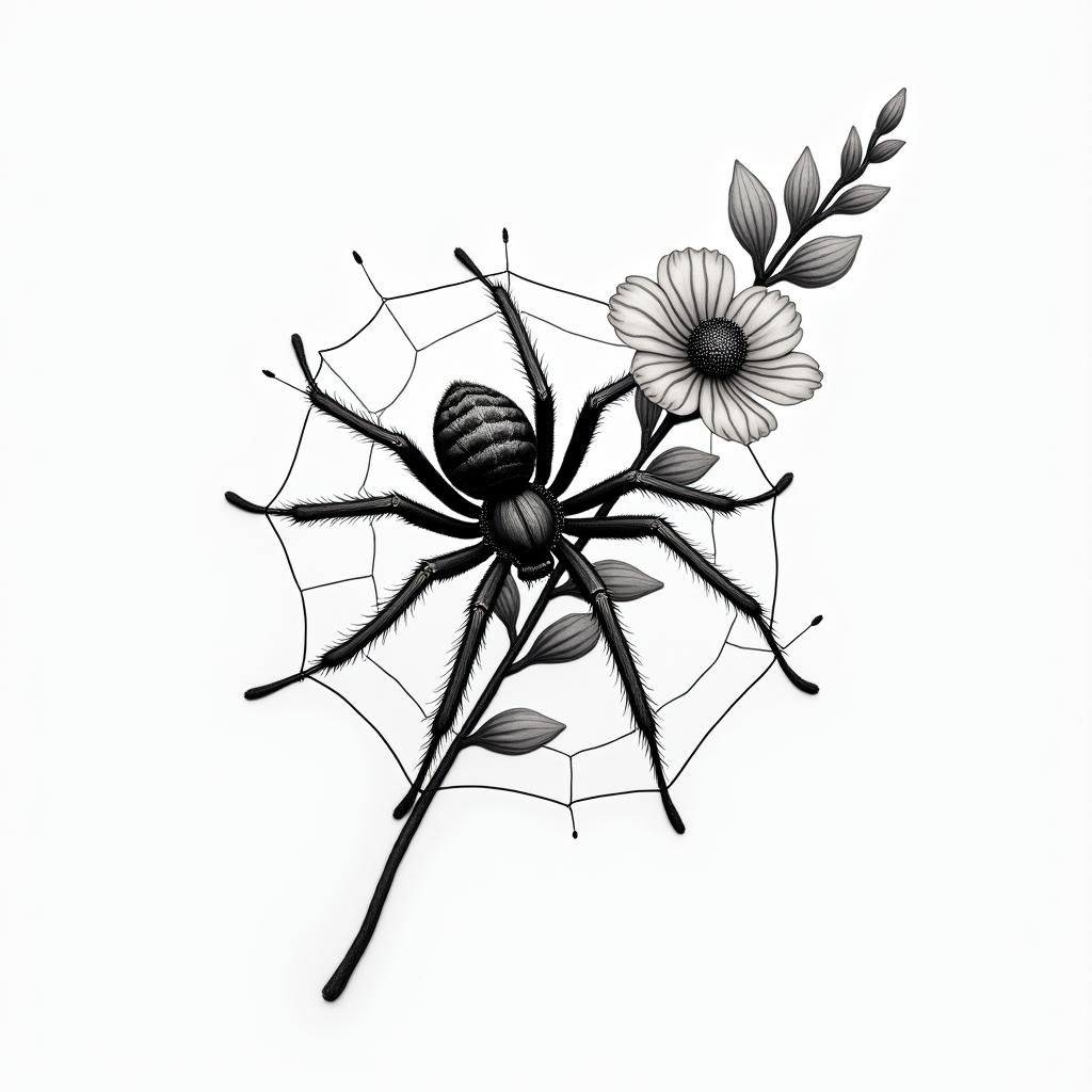 Small spider on web with flowers with stemin realism tattoo style, featuring a highly detailed, lifelike, capturing every detail, photorealistic, ultra realistic, intricate shading, smooth and sharp, - Variation 37