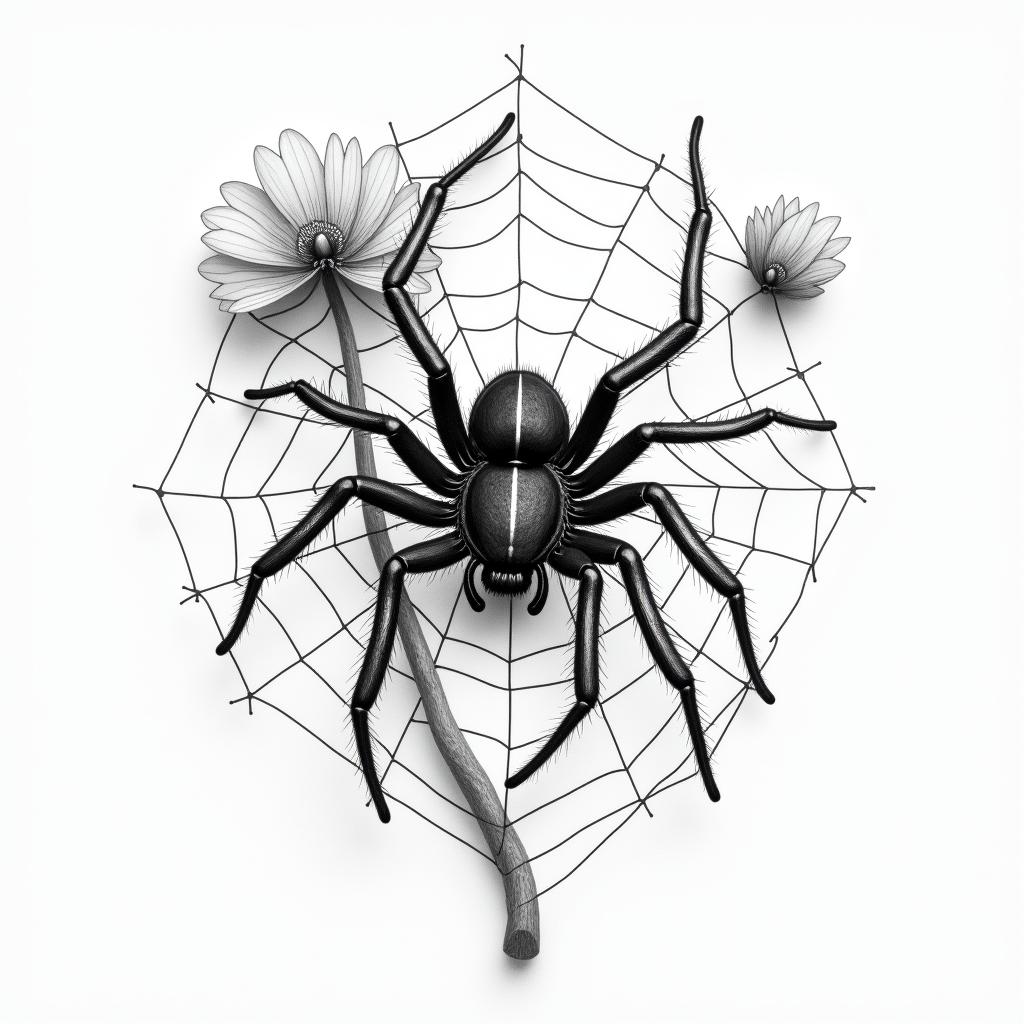 Small spider on web with flowers with stemin realism tattoo style, featuring a highly detailed, lifelike, capturing every detail, photorealistic, ultra realistic, intricate shading, smooth and sharp, - Variation 36