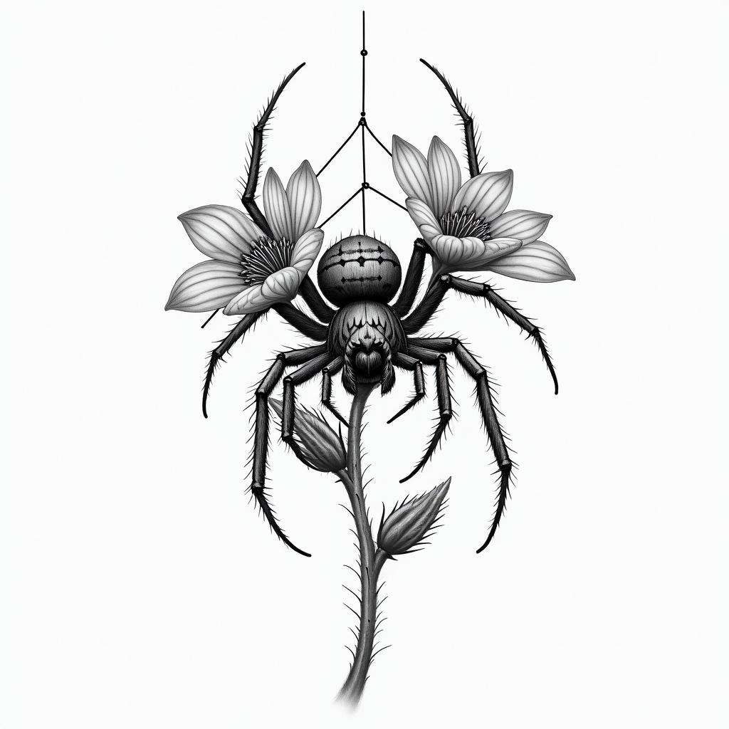Small spider on web with flowers with stemin realism tattoo style, featuring a highly detailed, lifelike, capturing every detail, photorealistic, ultra realistic, intricate shading, smooth and sharp, - Variation 33