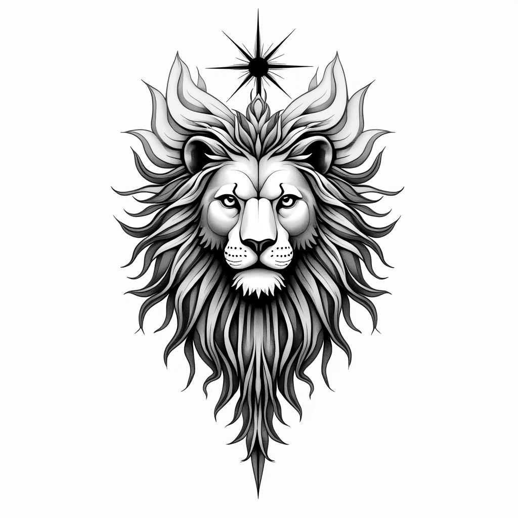 Zodiac the lion star the sun mountains Japan minimalist in geometric style tattoo, blending hexagons, mandala-inspired patterns, symmetrical and fractal design, clean lines, sharp angles