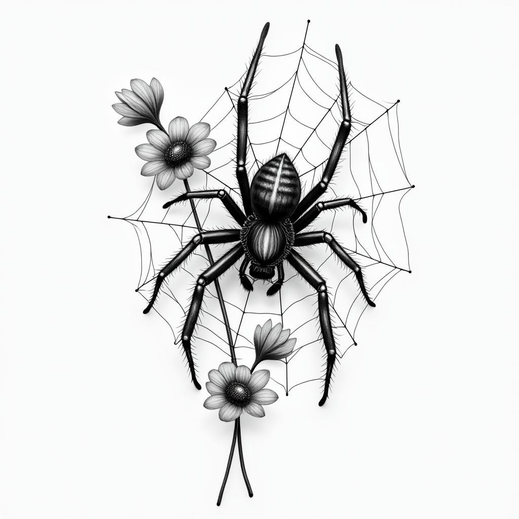 Small spider on web with flowers with stemin realism tattoo style, featuring a highly detailed, lifelike, capturing every detail, photorealistic, ultra realistic, intricate shading, smooth and sharp, - Variation 29