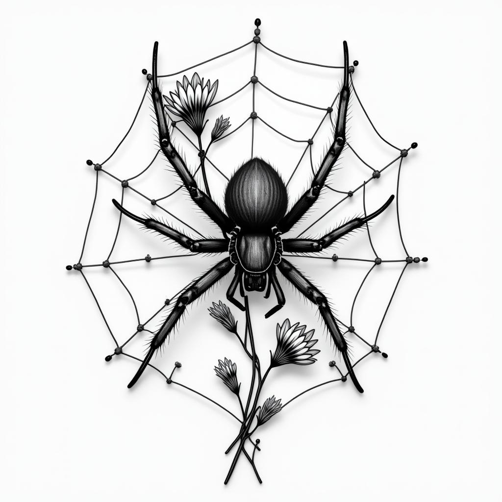 Small spider on web with flowers with stemin realism tattoo style, featuring a highly detailed, lifelike, capturing every detail, photorealistic, ultra realistic, intricate shading, smooth and sharp, - Variation 30