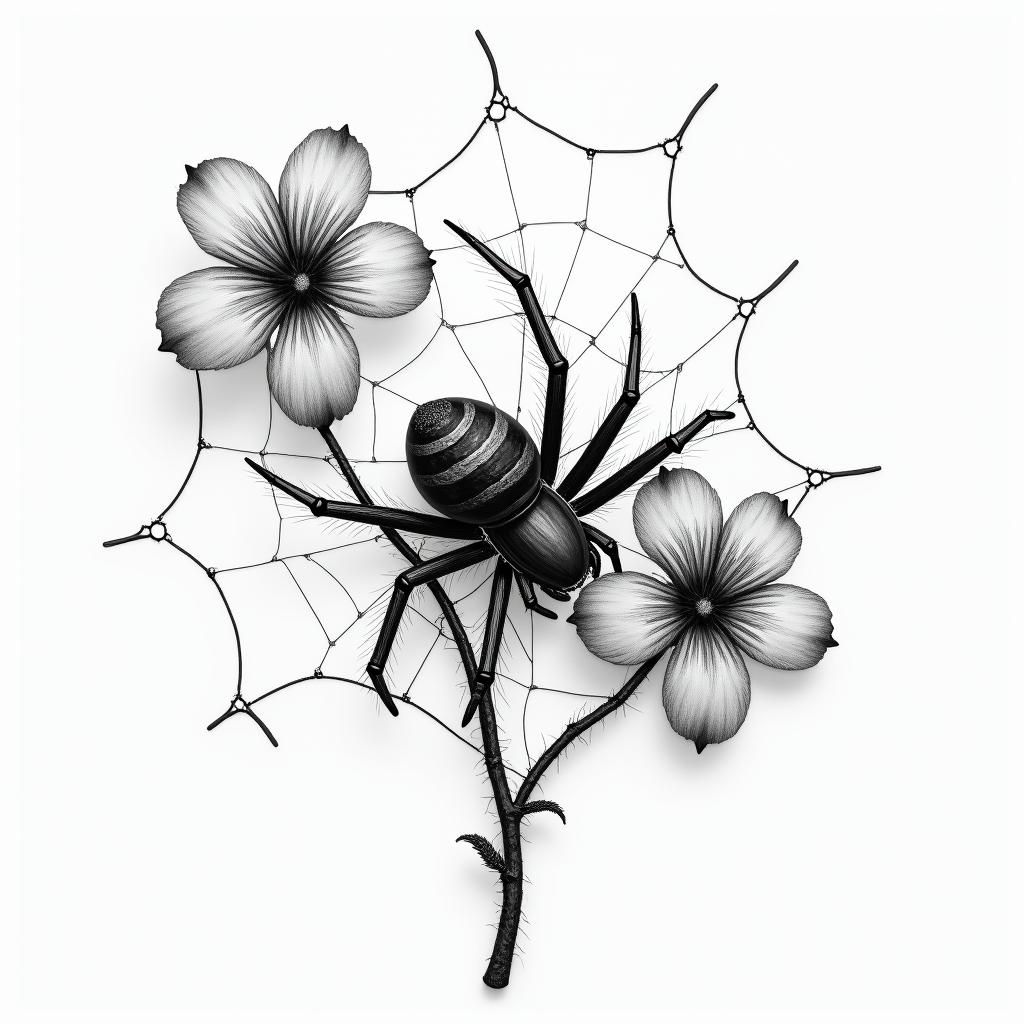 Small spider on web with flowers with stemin realism tattoo style, featuring a highly detailed, lifelike, capturing every detail, photorealistic, ultra realistic, intricate shading, smooth and sharp, - Variation 31