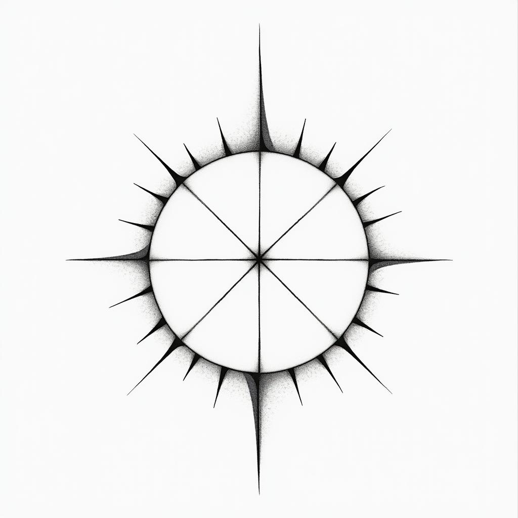 More dial sunin minimalist style tattoo, featuring simple shapes and fine lines, with minimal shading and details, tiny triangles, creating a sense of balance and harmony
