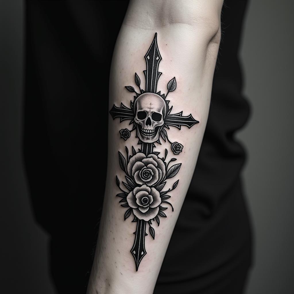 Earth, water, fire, air, herbs, arrowin chicano style tattoo, featuring intricate black and grey shading, bold elements of traditional chicano culture symbols, add a big cross with skull, chains and roses