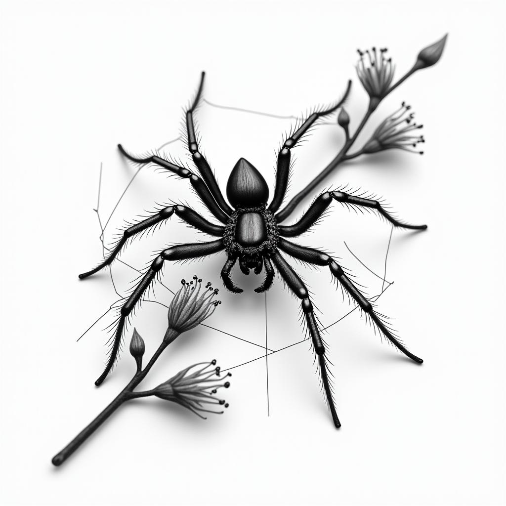 Small spider on web with flowers with stemin realism tattoo style, featuring a highly detailed, lifelike, capturing every detail, photorealistic, ultra realistic, intricate shading, smooth and sharp, - Variation 25