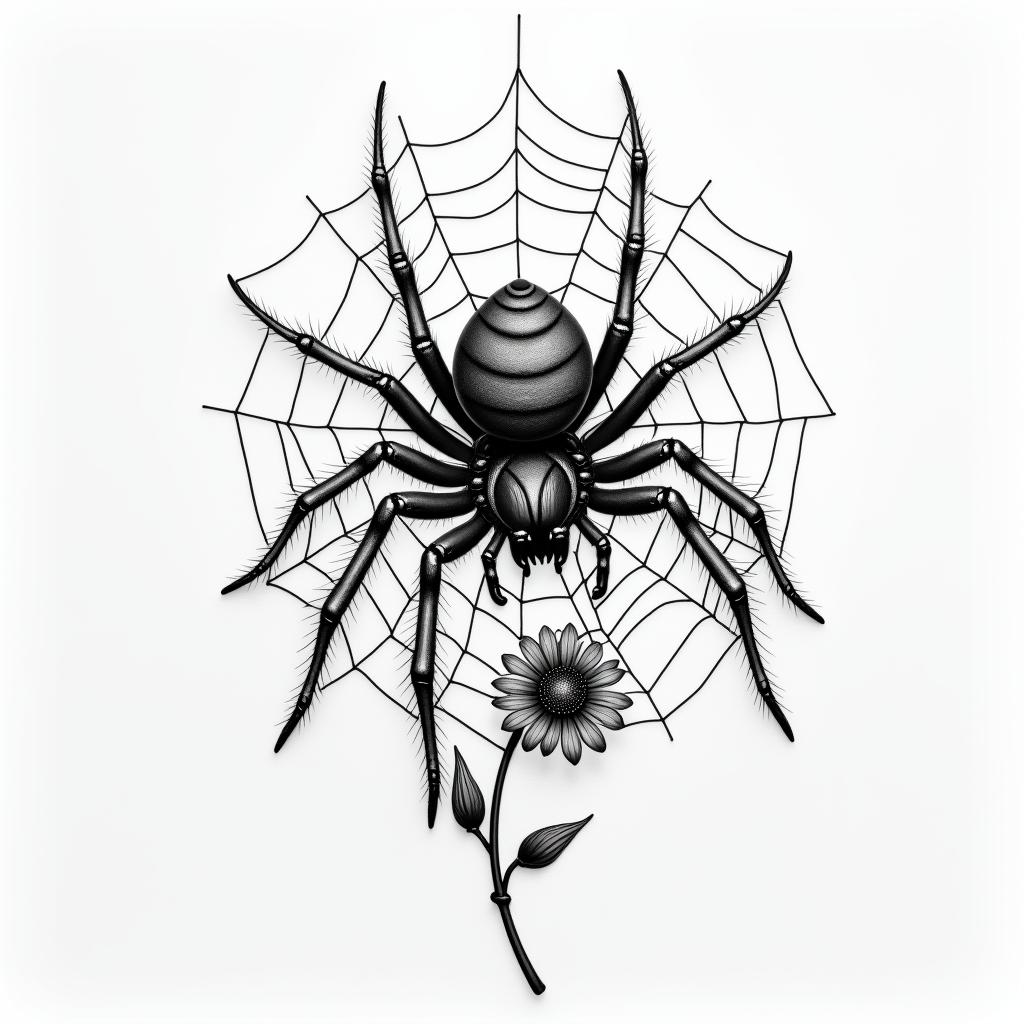 Small spider on web with flowers with stemin realism tattoo style, featuring a highly detailed, lifelike, capturing every detail, photorealistic, ultra realistic, intricate shading, smooth and sharp, - Variation 28