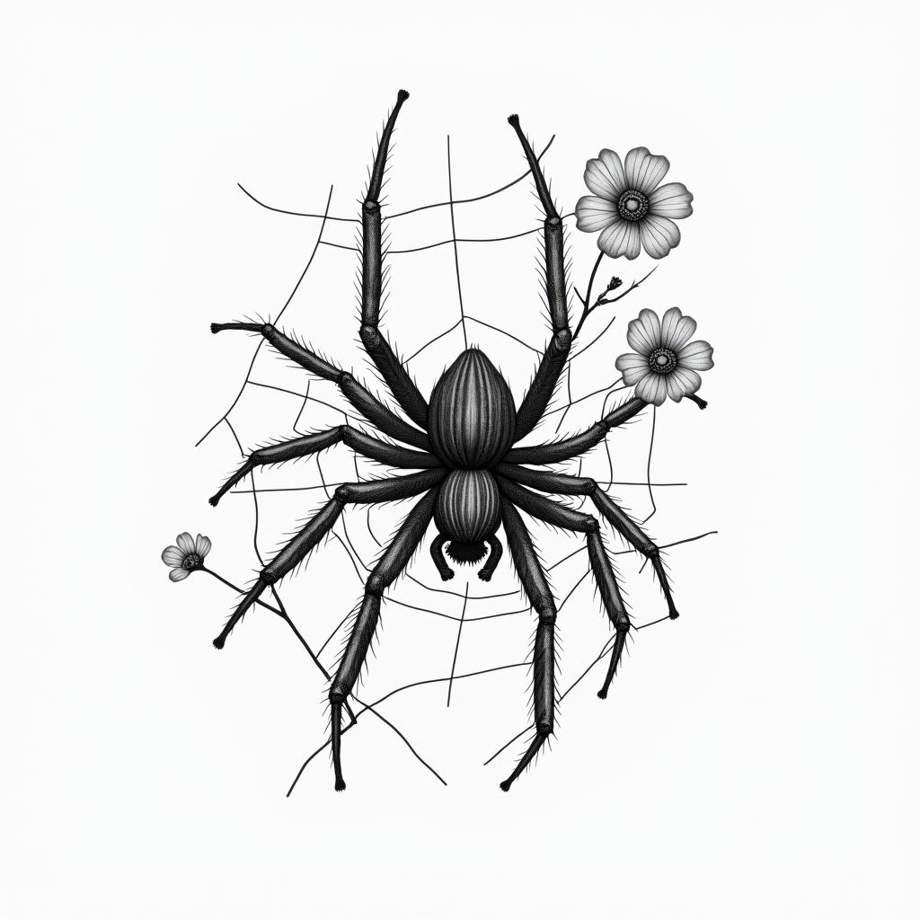 Small spider on web with flowers with stemin realism tattoo style, featuring a highly detailed, lifelike, capturing every detail, photorealistic, ultra realistic, intricate shading, smooth and sharp, - Variation 27