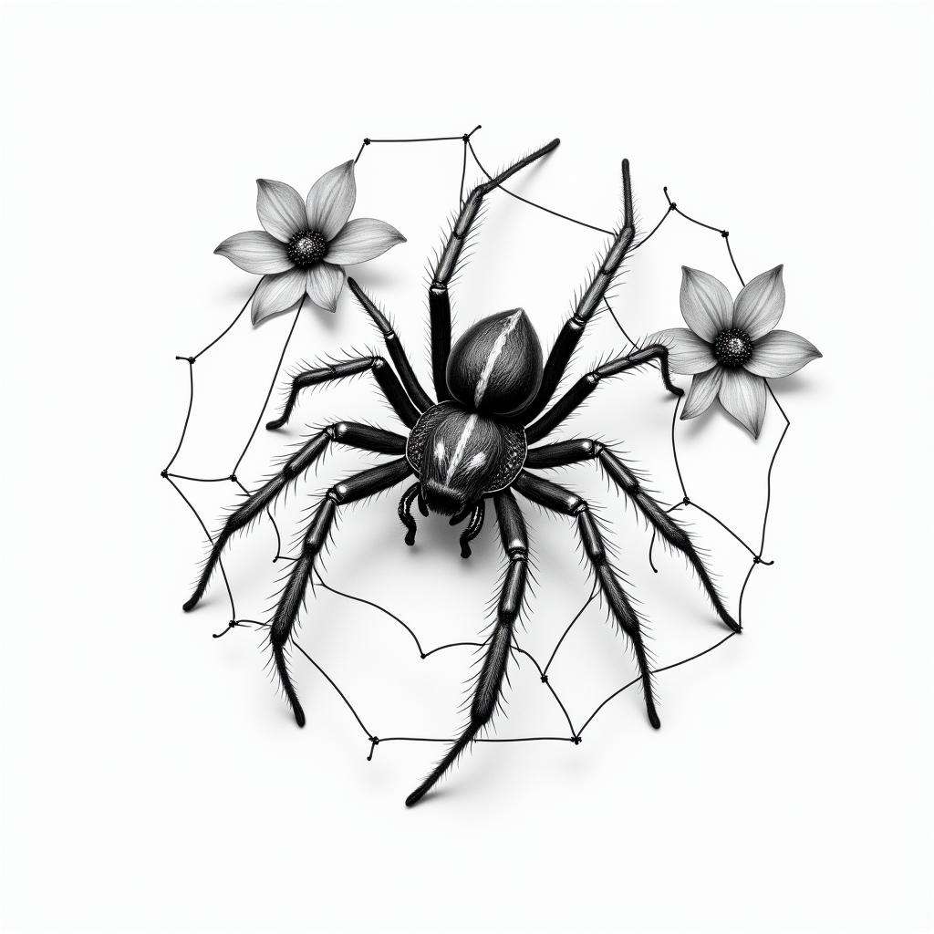 Small spider on web with flowers with stemin realism tattoo style, featuring a highly detailed, lifelike, capturing every detail, photorealistic, ultra realistic, intricate shading, smooth and sharp, - Variation 26