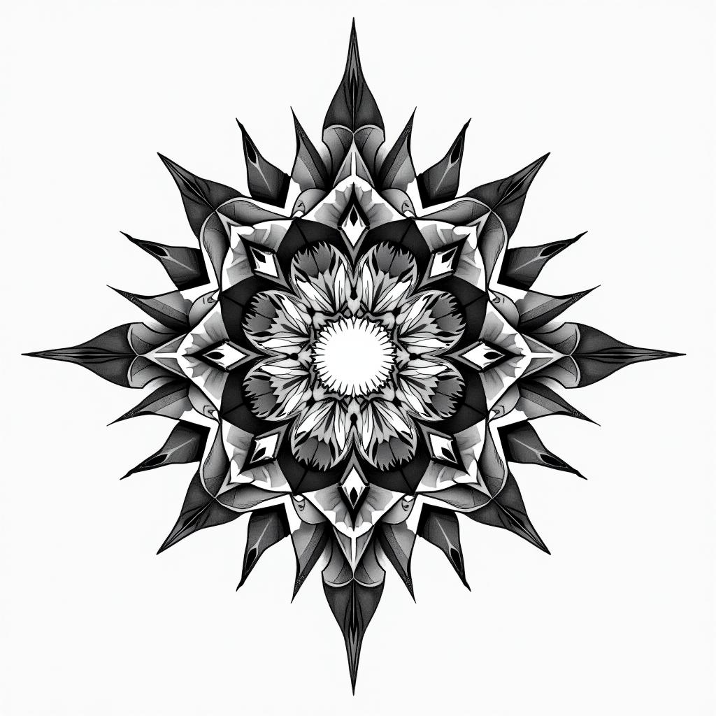 More dial sun in geometric style tattoo, blending hexagons, mandala-inspired patterns, symmetrical and fractal design, clean lines, sharp angles