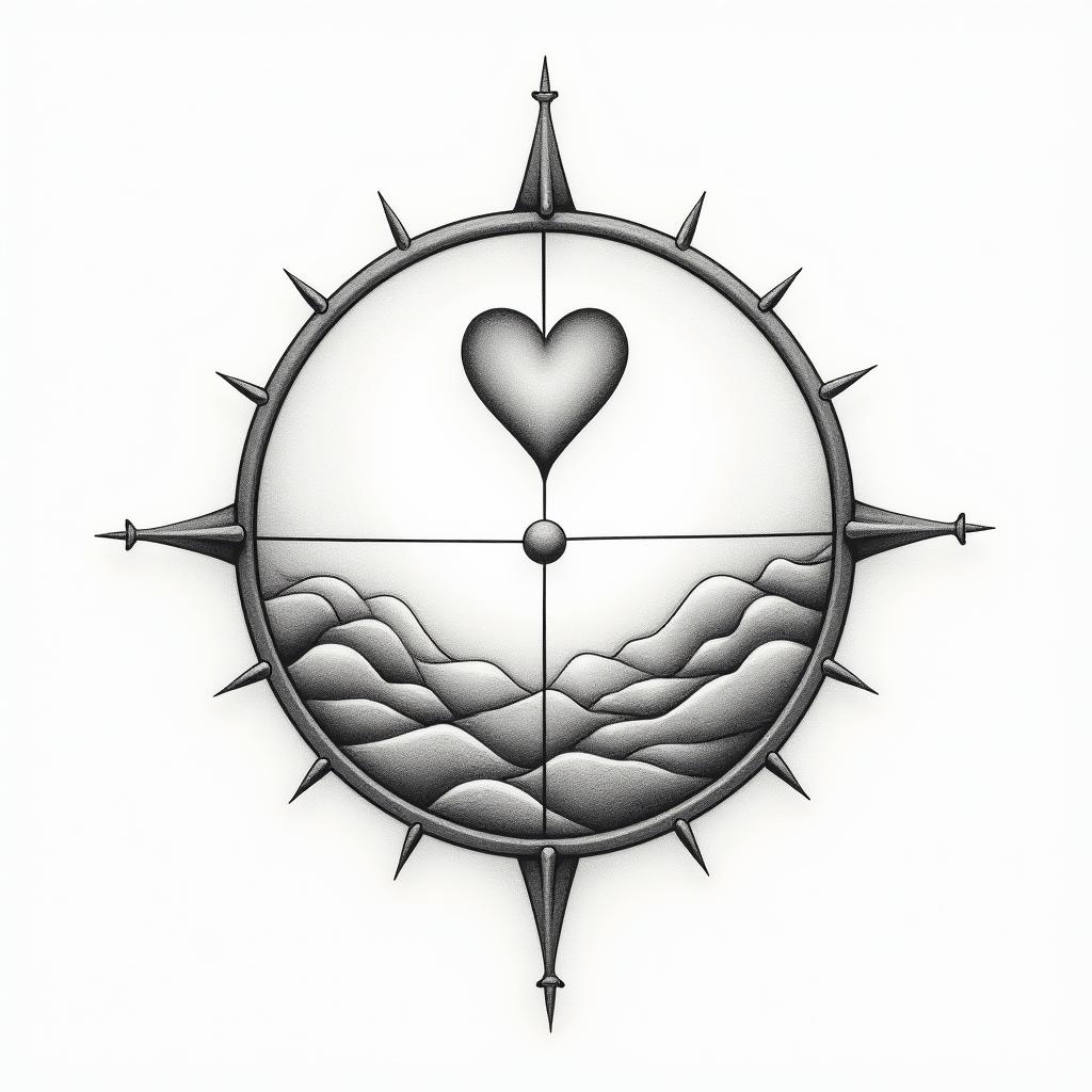 Compassin Modest style tattoo, featuring soft, delicate line work with simple and meaningful symbols, gentle waves, a heart, evoking a sense of serenity and grace, - Variation 3