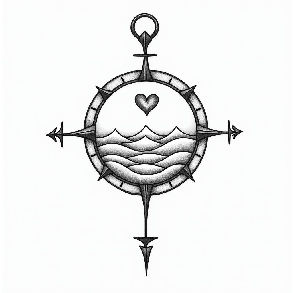 Compassin Modest style tattoo, featuring soft, delicate line work with simple and meaningful symbols, gentle waves, a heart, evoking a sense of serenity and grace, - Variation 2