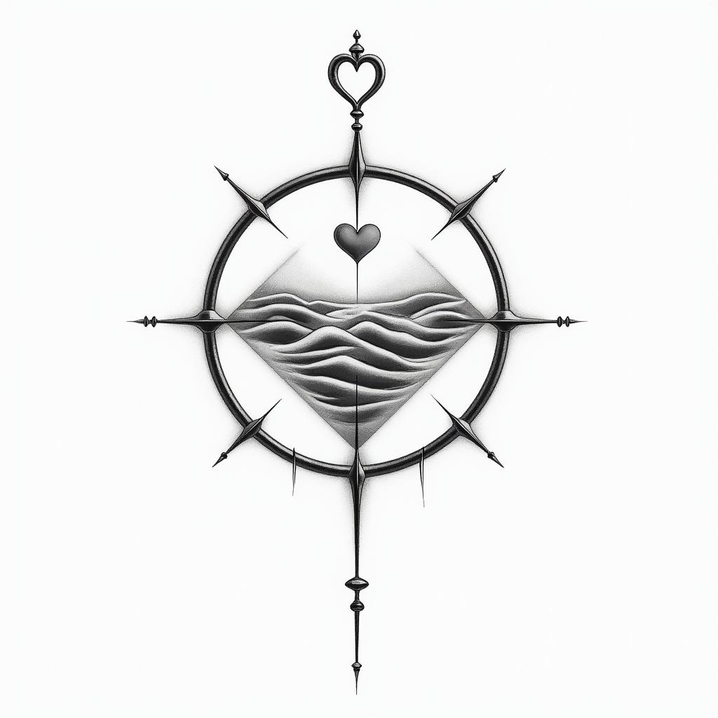 Compassin Modest style tattoo, featuring soft, delicate line work with simple and meaningful symbols, gentle waves, a heart, evoking a sense of serenity and grace,