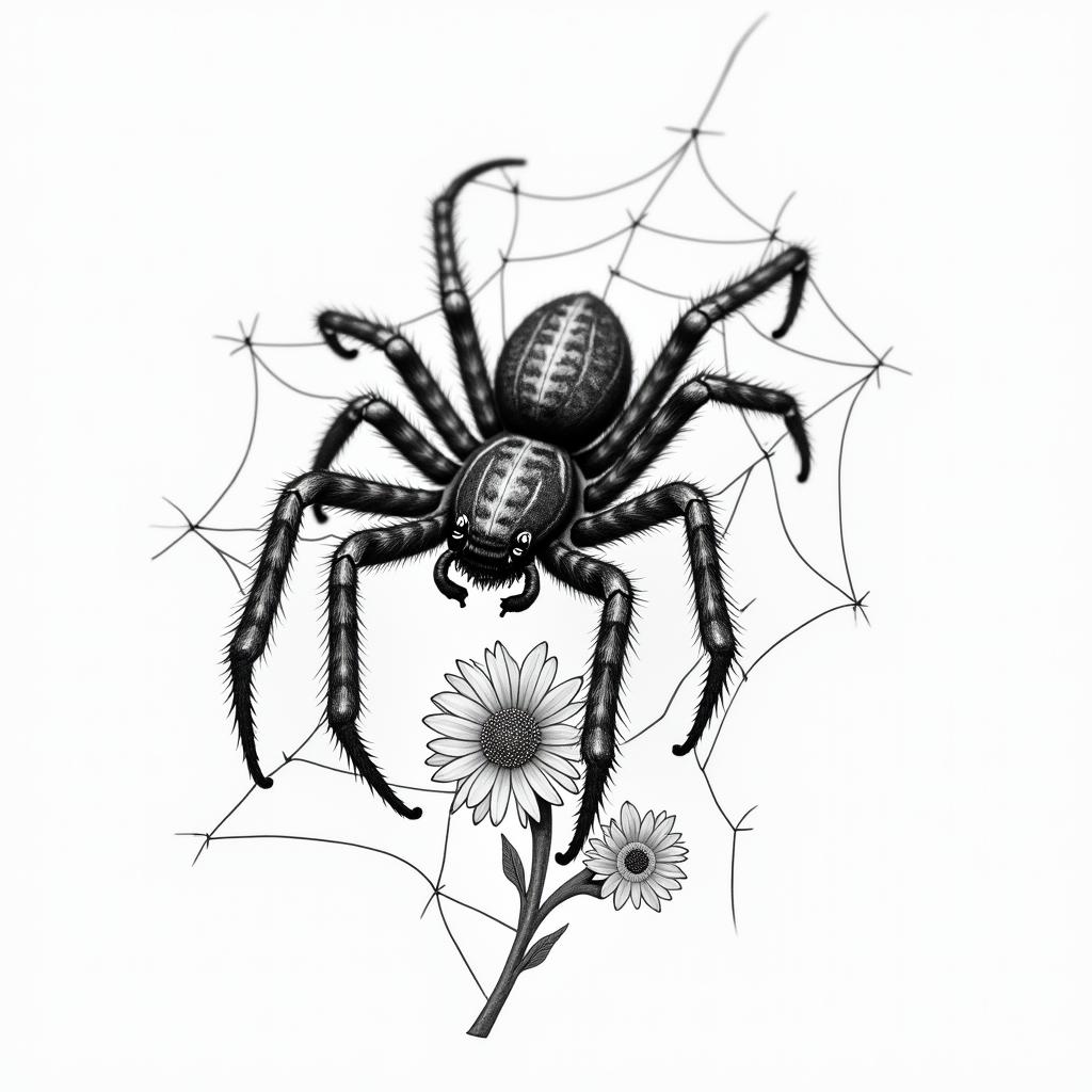 Small spider on web with flowers with stemin realism tattoo style, featuring a highly detailed, lifelike, capturing every detail, photorealistic, ultra realistic, intricate shading, smooth and sharp, - Variation 22