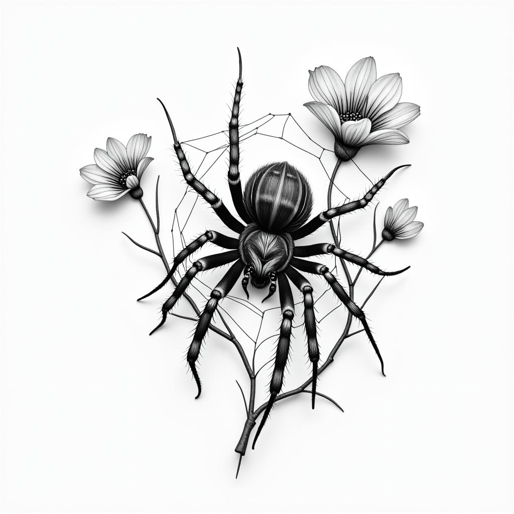 Small spider on web with flowers with stemin realism tattoo style, featuring a highly detailed, lifelike, capturing every detail, photorealistic, ultra realistic, intricate shading, smooth and sharp, - Variation 21