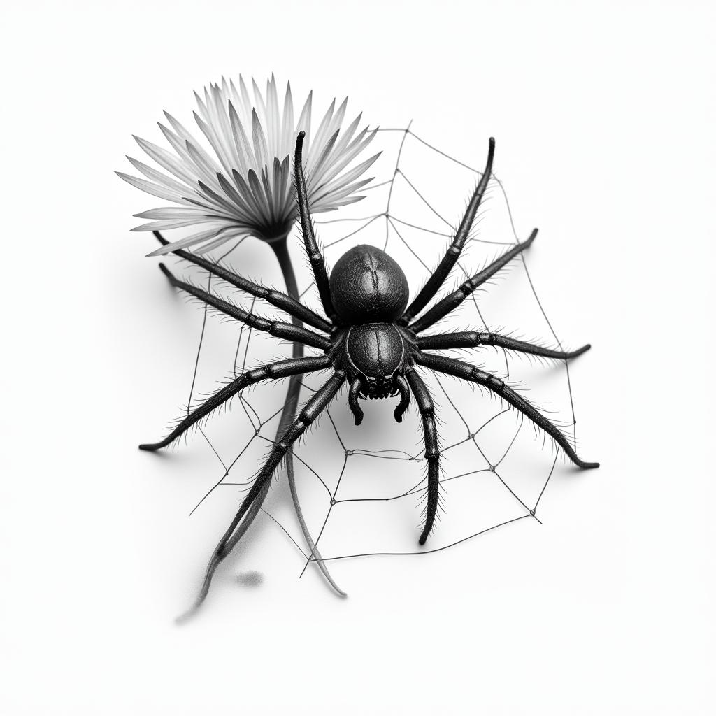 Small spider on web with flowers with stemin realism tattoo style, featuring a highly detailed, lifelike, capturing every detail, photorealistic, ultra realistic, intricate shading, smooth and sharp, - Variation 17