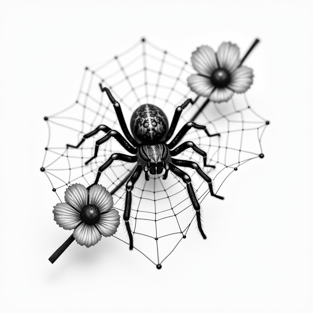 Small spider on web with flowers with stemin realism tattoo style, featuring a highly detailed, lifelike, capturing every detail, photorealistic, ultra realistic, intricate shading, smooth and sharp, - Variation 18