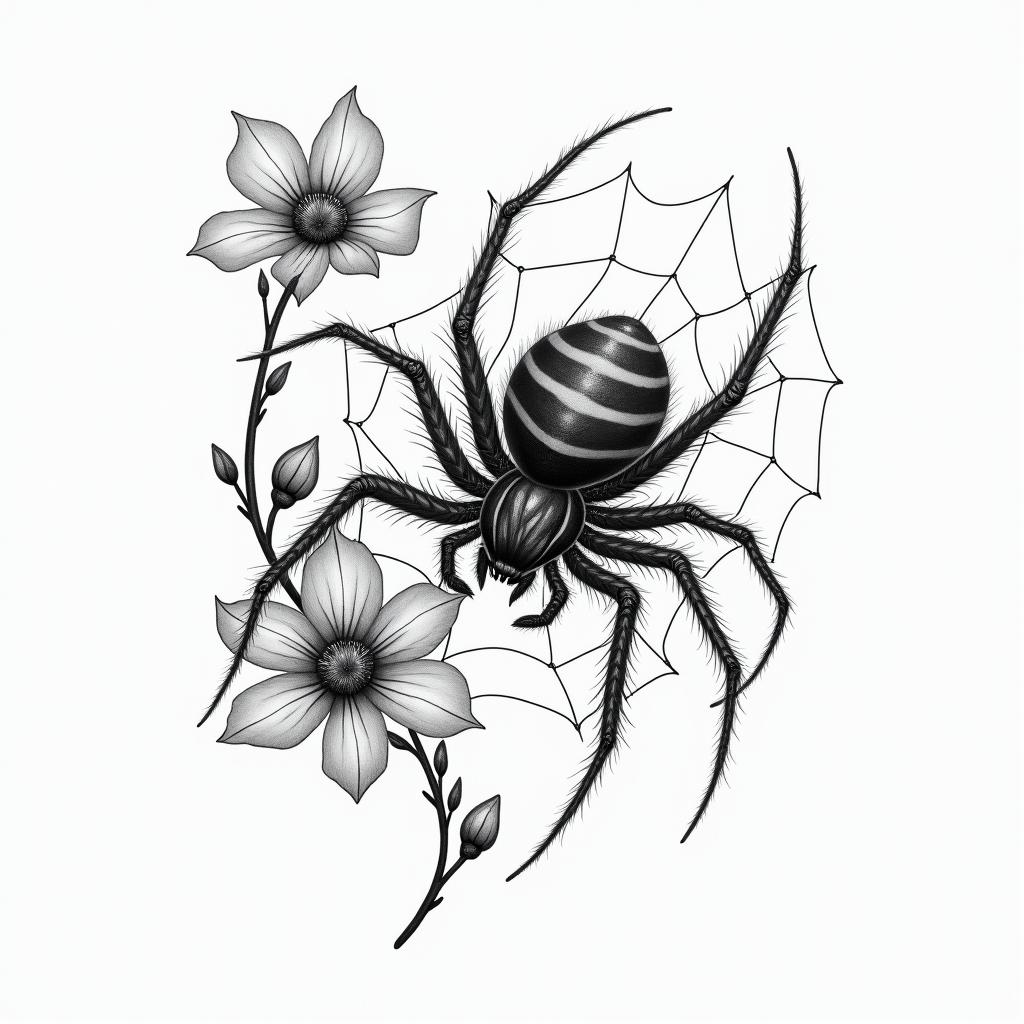 Small spider on web with flowers with stemin realism tattoo style, featuring a highly detailed, lifelike, capturing every detail, photorealistic, ultra realistic, intricate shading, smooth and sharp, - Variation 20